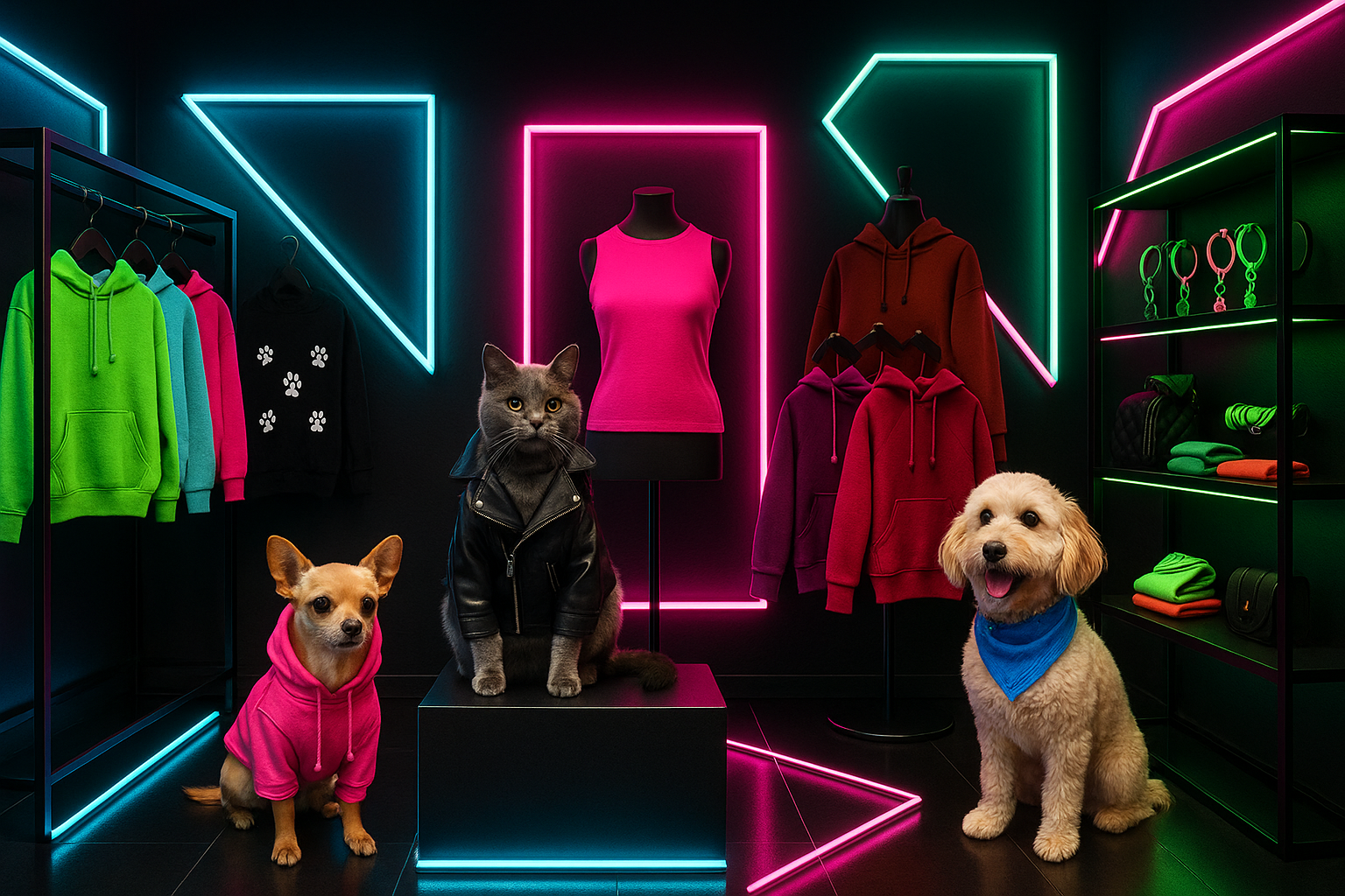 Neon and Black background Clothing shop with pets 